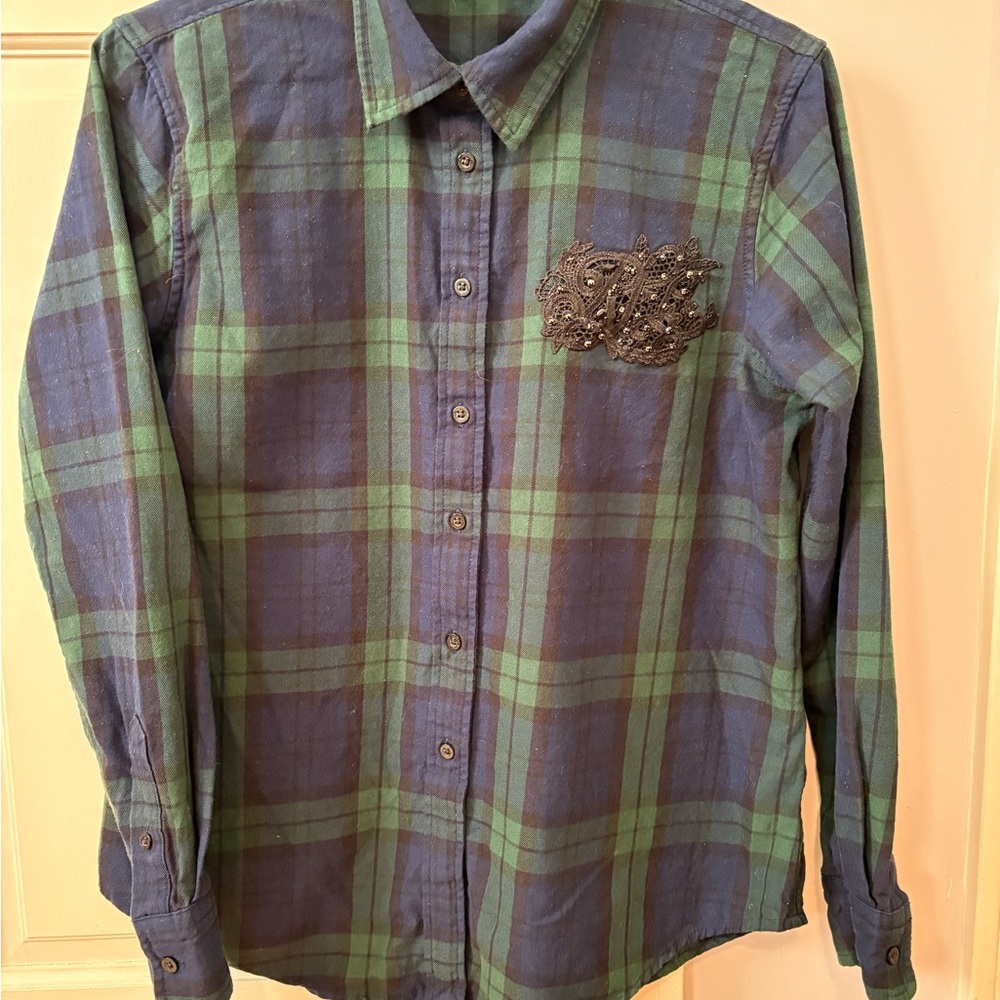Ralph Lauren women’s navy and green plaid shirt with appliqué